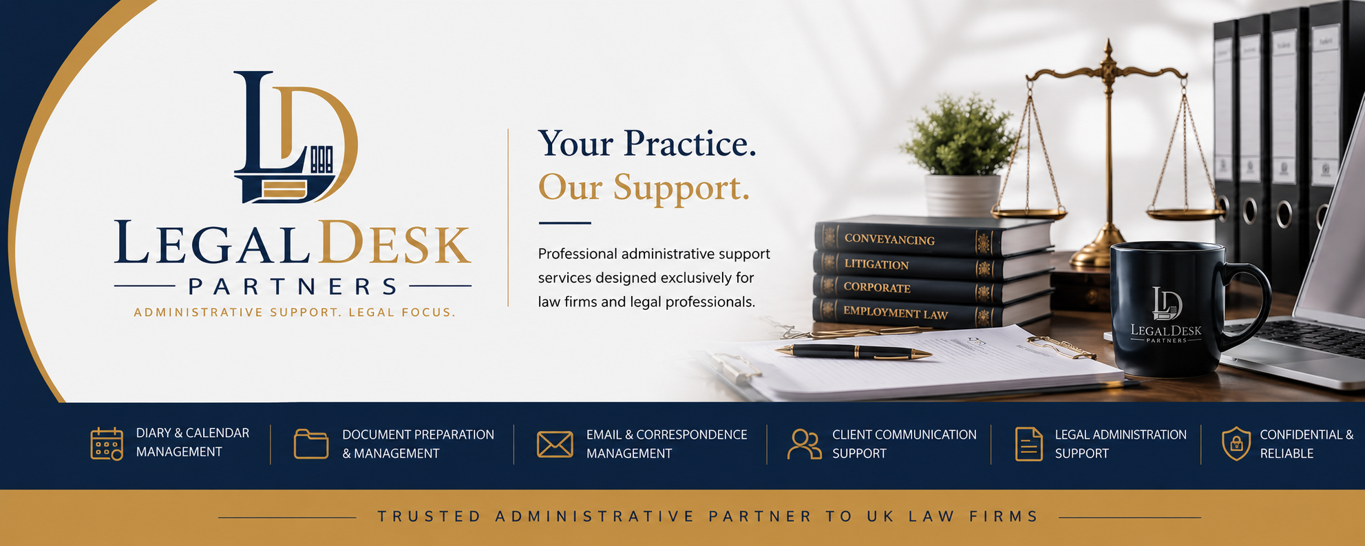 LegalDesk Partners — Your Practice. Our Support. Professional administrative support services designed exclusively for law firms and legal professionals.