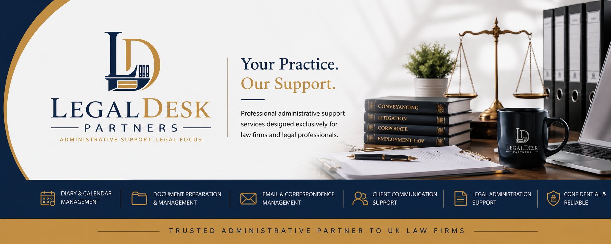 LegalDesk Partners — Your Practice. Our Support. Professional administrative support services designed exclusively for law firms and legal professionals.